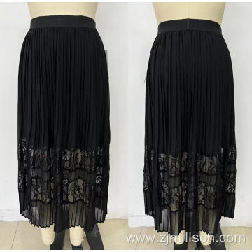 Black Color Elastic Waist Lace Design Flounced Skirt